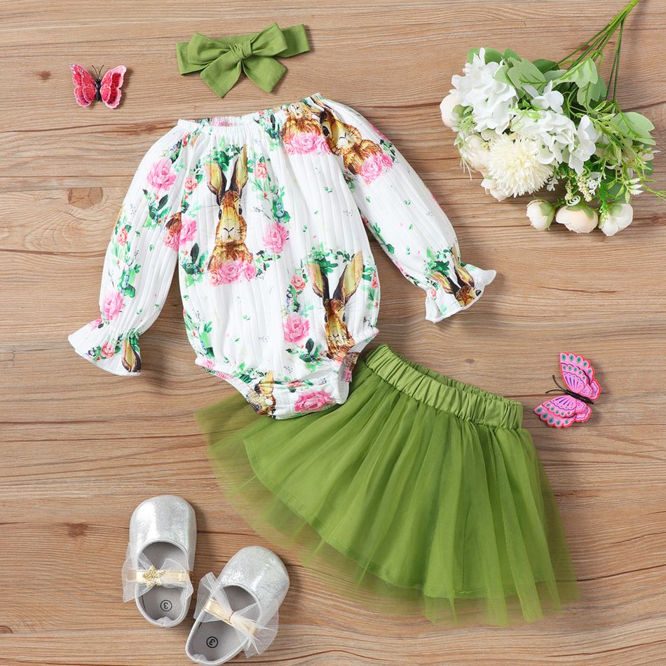 Easter 3pcs Baby Girl Rabbit Print Ribbed Long-sleeve Romper and Mesh Skirt with Headband Set Green