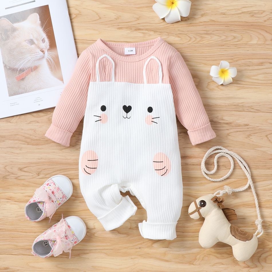 100% Cotton Baby Girl Cartoon Rabbit Print Colorblock Ribbed Long-sleeve Jumpsuit Pink