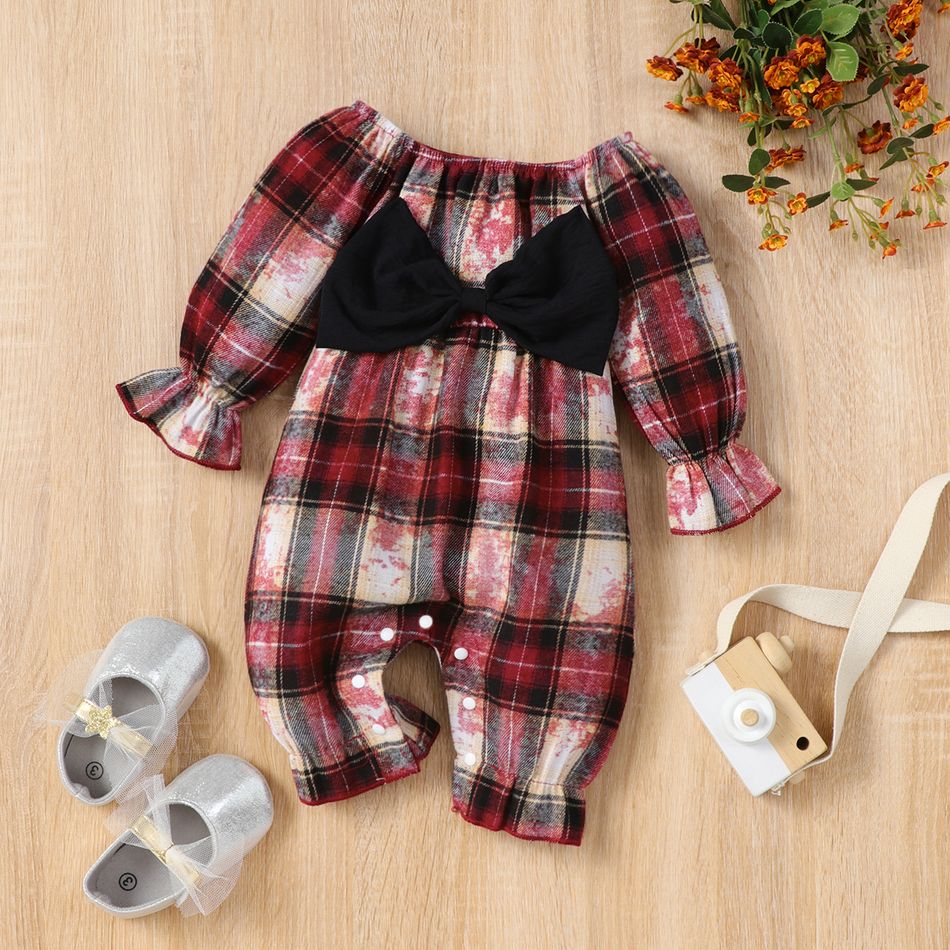100% Cotton Baby Girl Plaid Off Shoulder Long-sleeve Bowknot Jumpsuit Color block