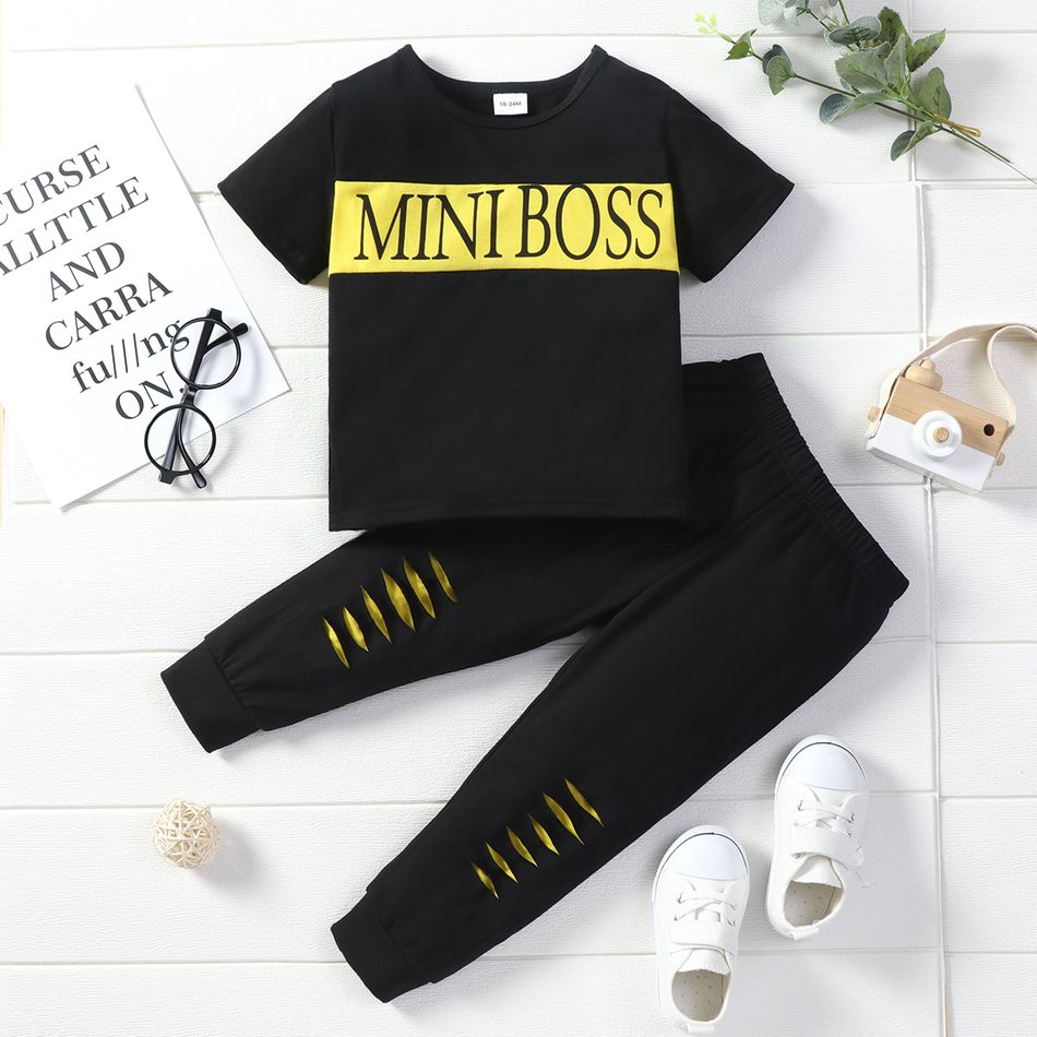 2pcs Toddler Boy Trendy Letter Print Tee and Ripped Pants Set Black