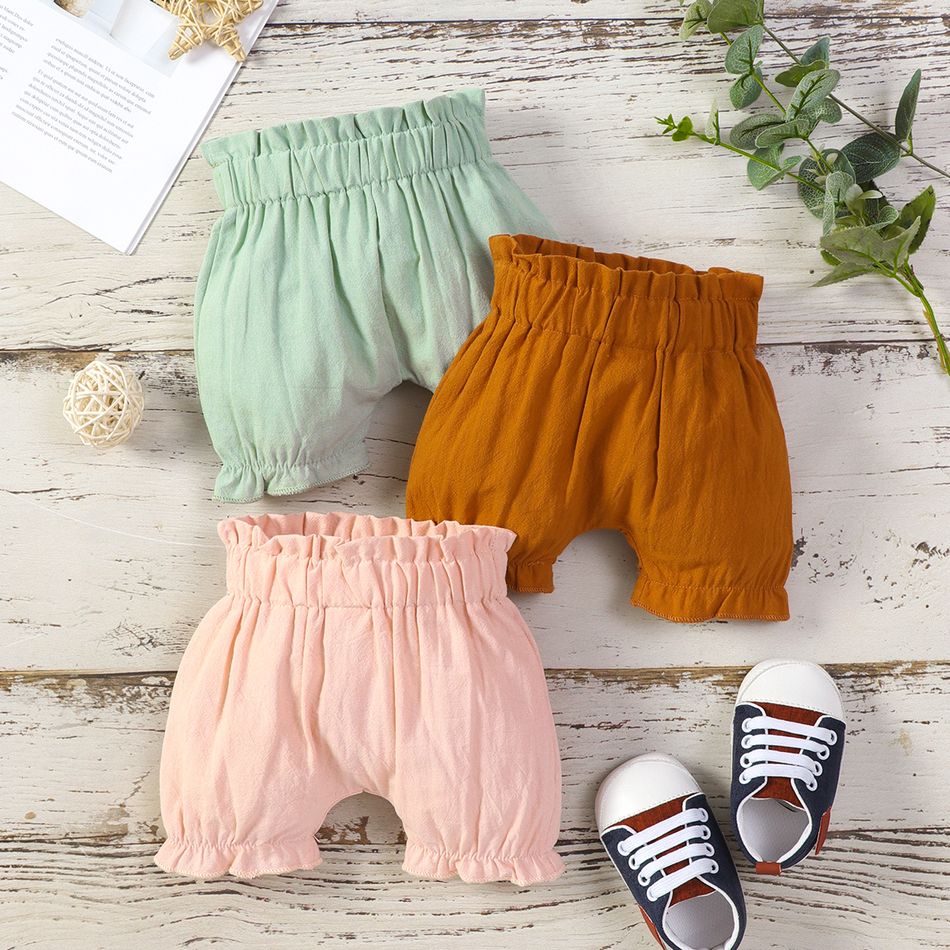 100% Cotton Baby Girl Solid Ruffle Elasticized Waist Bloomers Shorts Pink big image 2