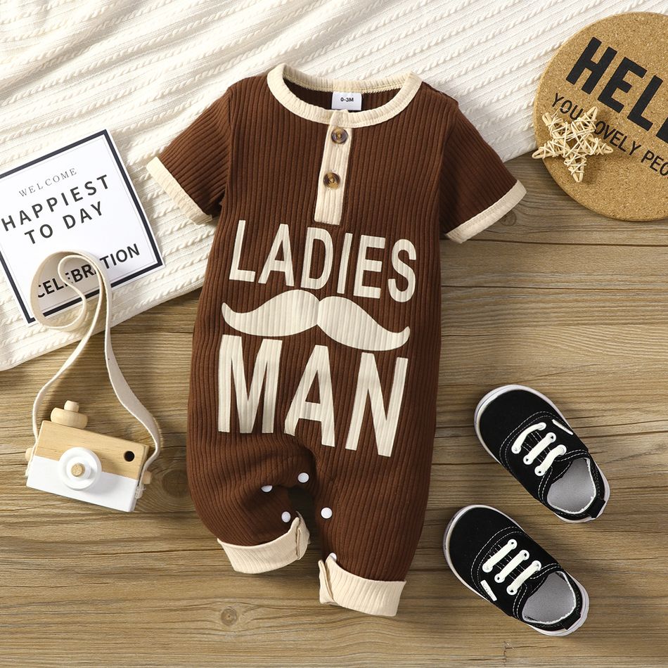 Baby Boy 95% Cotton Ribbed Short-sleeve Mustache and Letter Print Button Up Jumpsuit Brown
