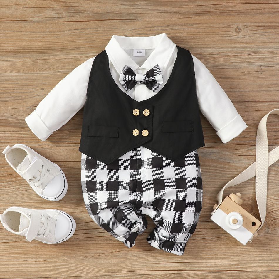100% Cotton Baby Boy Long-sleeve Gentleman Faux-two Waistcoat Plaid Jumpsuit Black/White