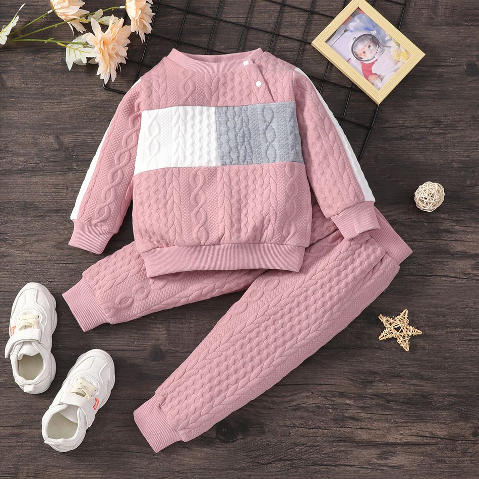 2pcs Toddler Girl Colorblock Cable Knit Textured Button Design Pullover and Pink Pants Set Pink