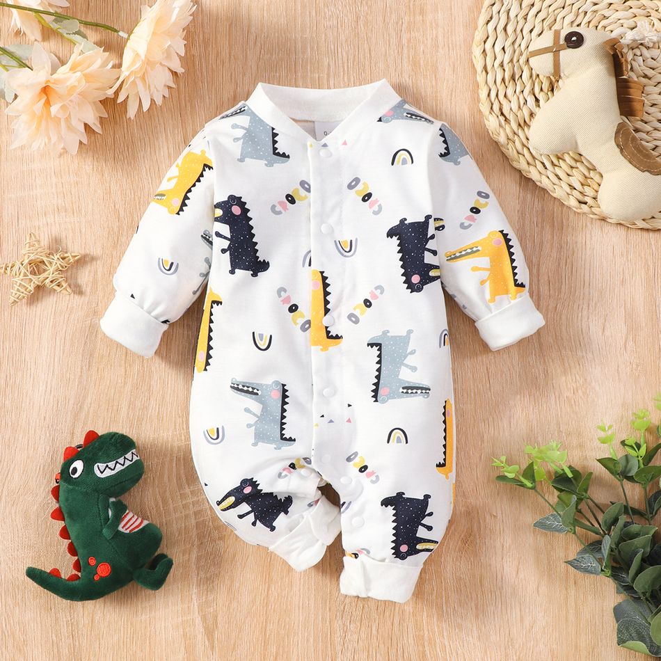 Dino Fan Baby Dinosaur Allover Long-sleeve White Jumpsuit White