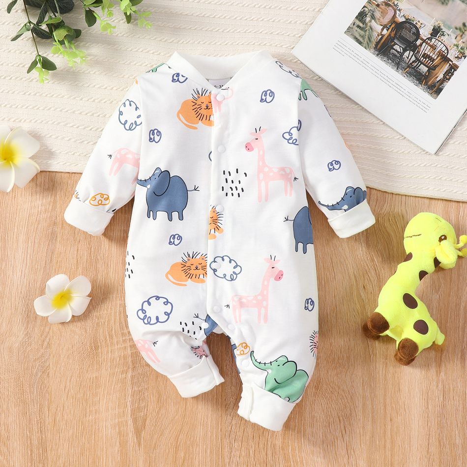 Summer Zoo Baby Animal Allover Long-sleeve White Jumpsuit White
