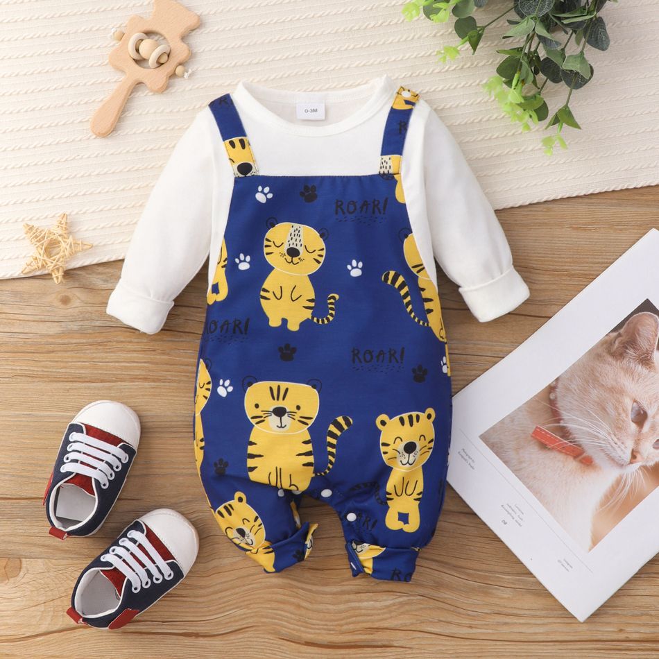 Summer Zoo Baby Tiger Allover Faux-two Long-sleeve Blue Jumpsuit Blue