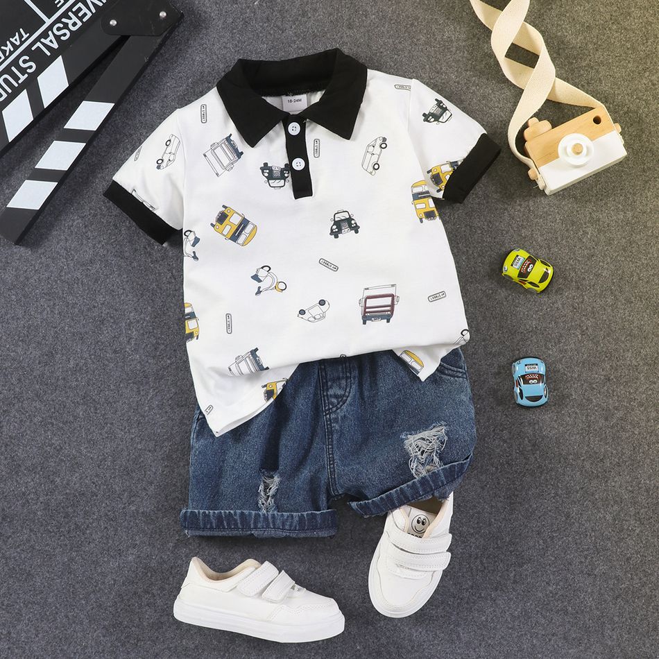 2pcs Toddler Boy Playful Ripped Denim Shorts and Vehicle Print Polo Shirt Set White