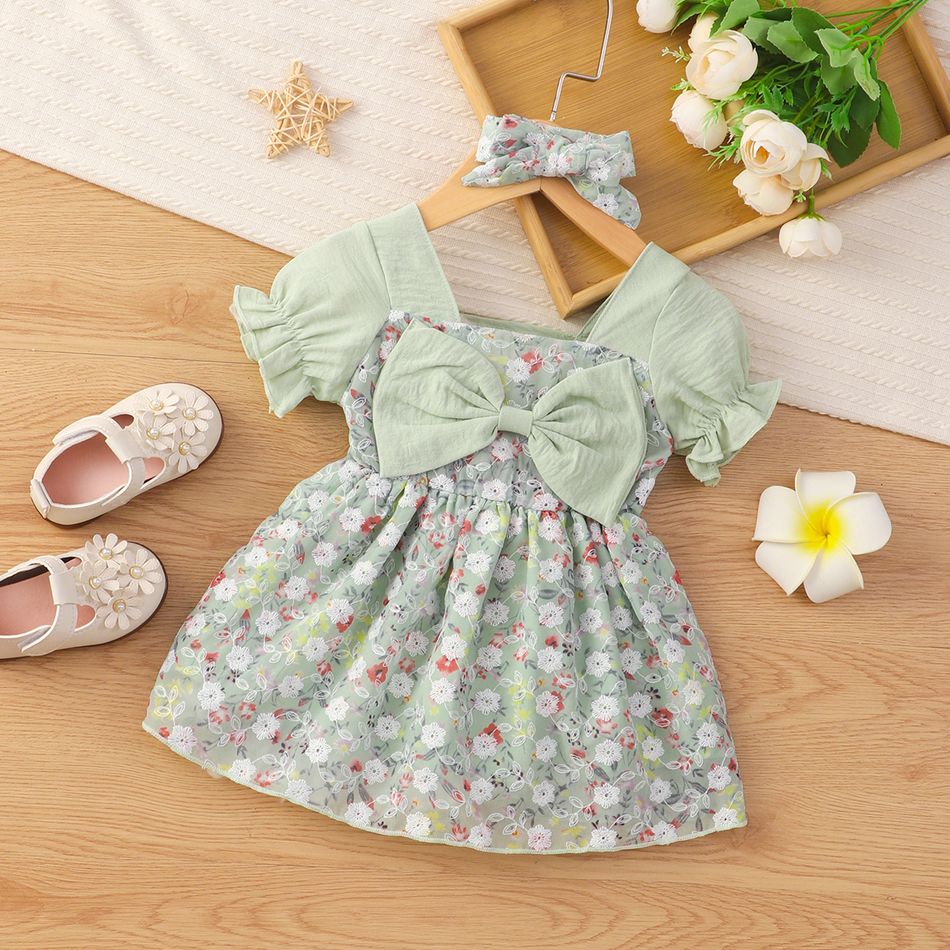 2pcs Baby Girl Bow Front Square Neck Puff-sleeve Floral Embroidered Splicing Dress with Headband Set Light Green