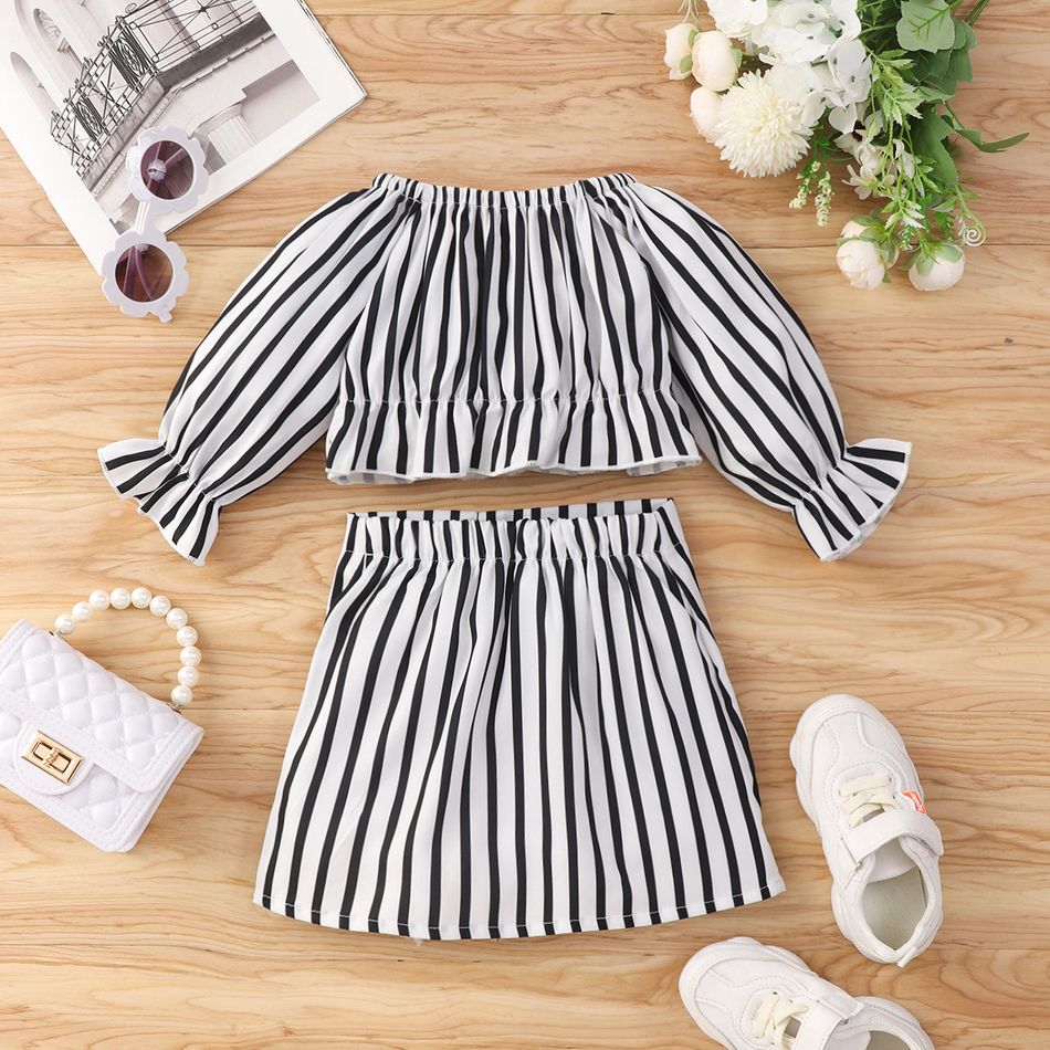 2pcs Toddler Girl Stripe Bowknot Design Long-sleeve Blouse and Button Design Skirt Set BlackandWhite big image 2