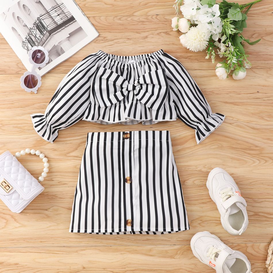 2pcs Toddler Girl Stripe Bowknot Design Long-sleeve Blouse and Button Design Skirt Set BlackandWhite