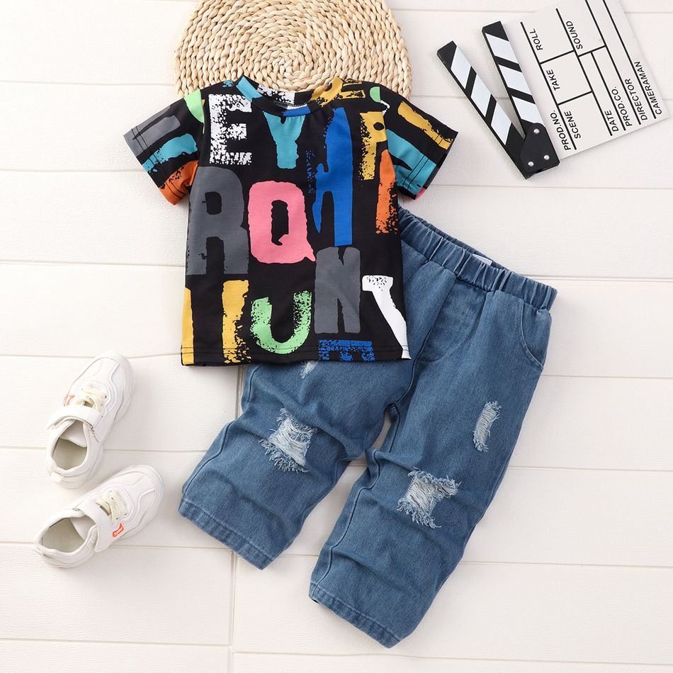 2pcs Toddler Boy Trendy Ripped Denim Jeans and Letter Print Tee Set Multi-color