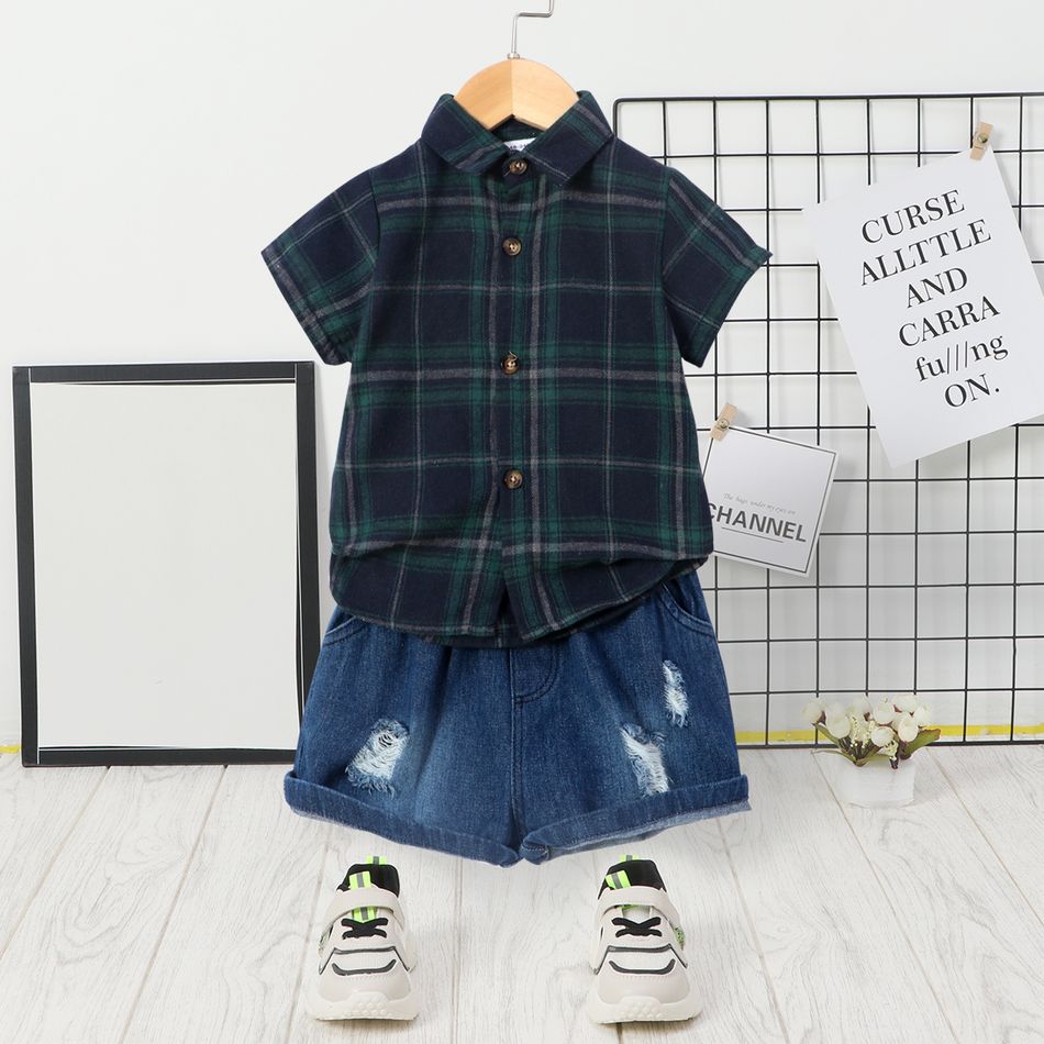 2pcs Toddler Boy Casual Ripped Denim Shorts and Letter Print Plaid Shirt Set Dark Green