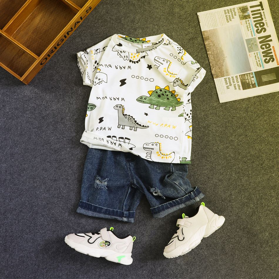 2pcs Toddler Boy Playful Ripped Denim Shorts and Dinosaur Print Tee Set White big image 1