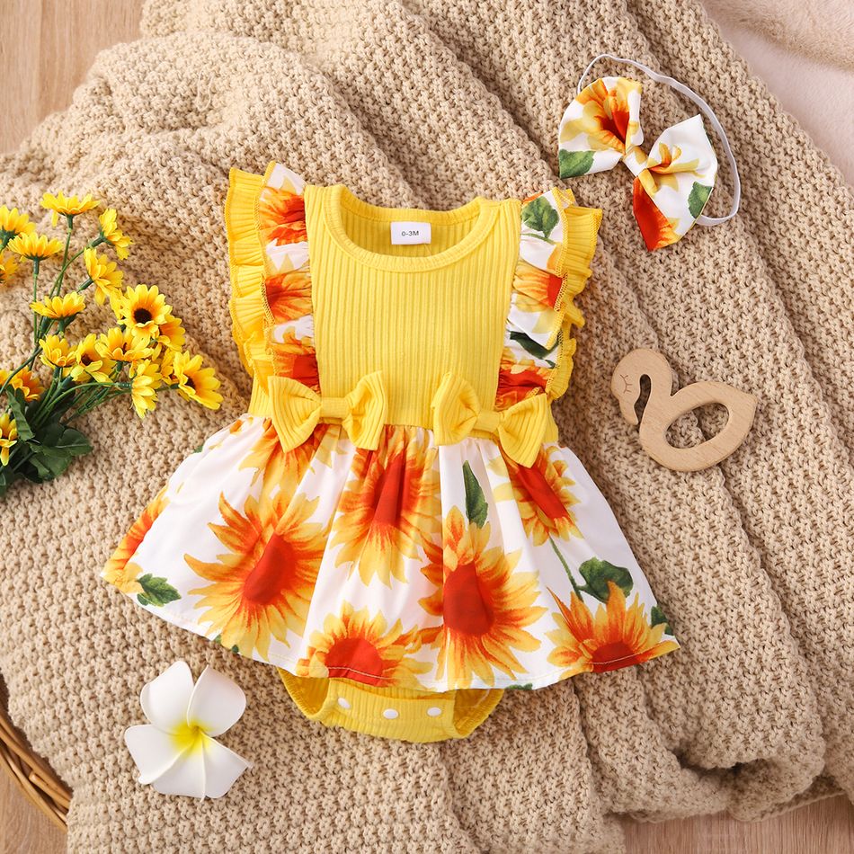 2pcs Baby Girl 95% Cotton Ribbed Splice Sunflower Print Ruffle Trim Bow Front Sleeveless Romper with Headband Set Yellow