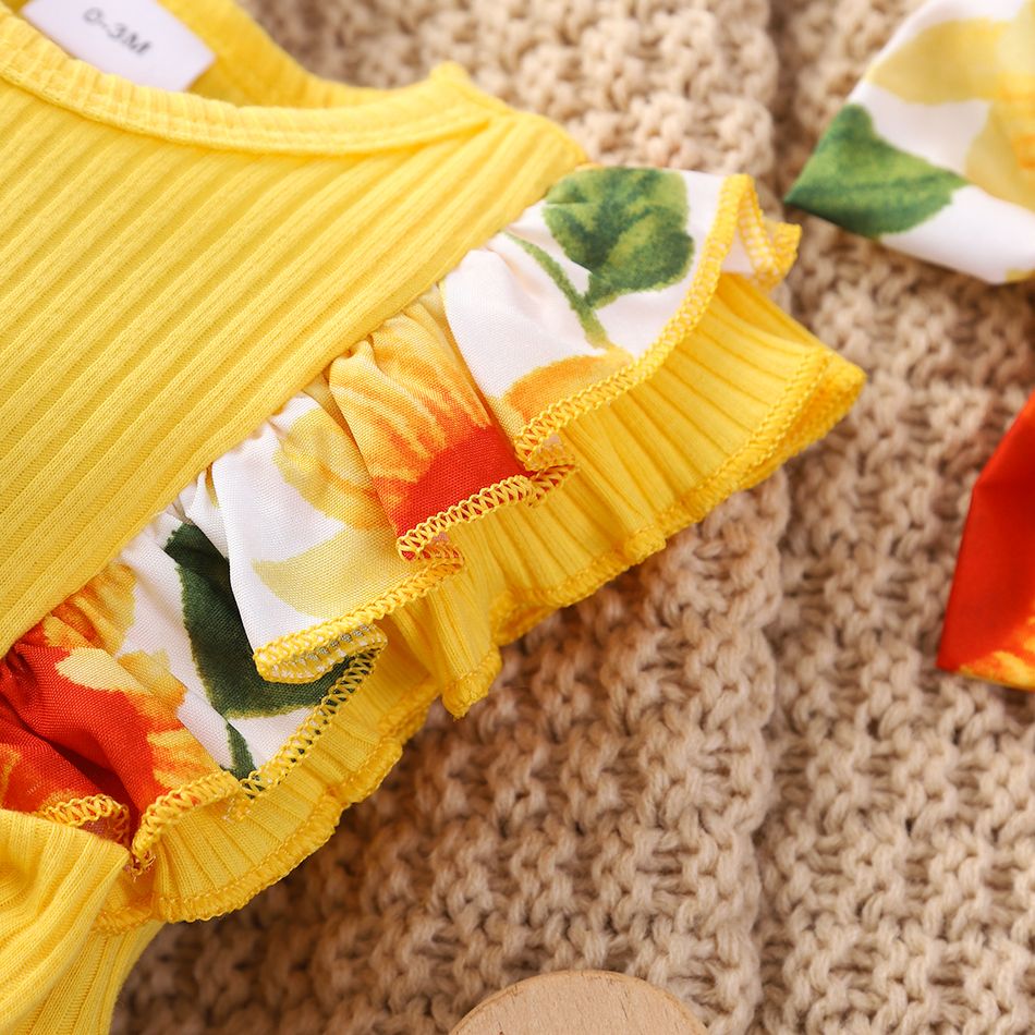 2pcs Baby Girl 95% Cotton Ribbed Splice Sunflower Print Ruffle Trim Bow Front Sleeveless Romper with Headband Set Yellow big image 4