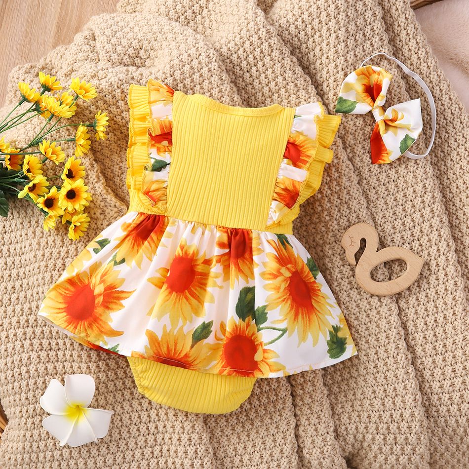 2pcs Baby Girl 95% Cotton Ribbed Splice Sunflower Print Ruffle Trim Bow Front Sleeveless Romper with Headband Set Yellow big image 2