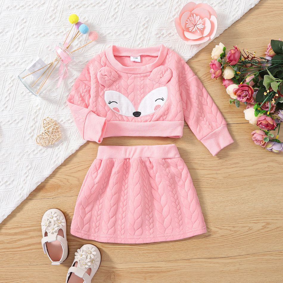 2pcs Baby Girl Pink Imitation Knitting Long-sleeve 3D Ears Decor Cartoon Fox Print Sweatshirt and Skirt Set Pink