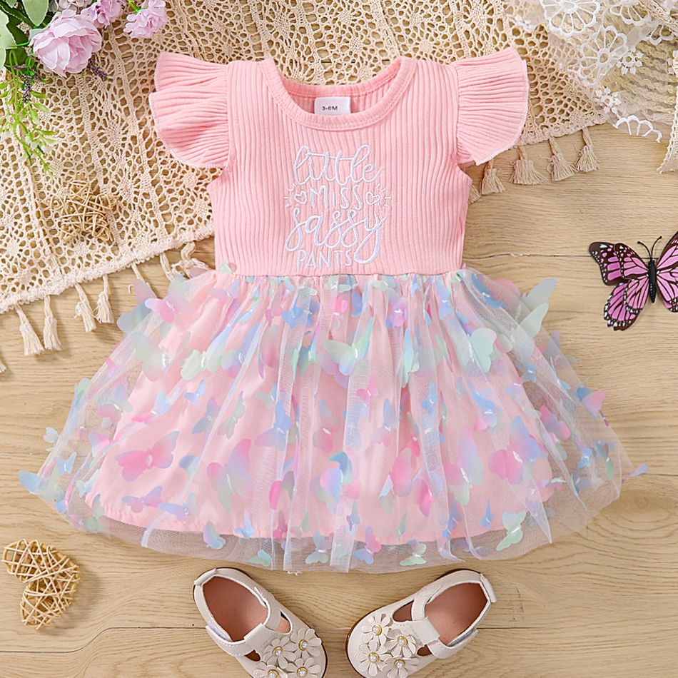 Baby Girl Rib Knit Flutter-sleeve Letter Embroidered Spliced 3D Butterfly Applique Mesh Dress Pink