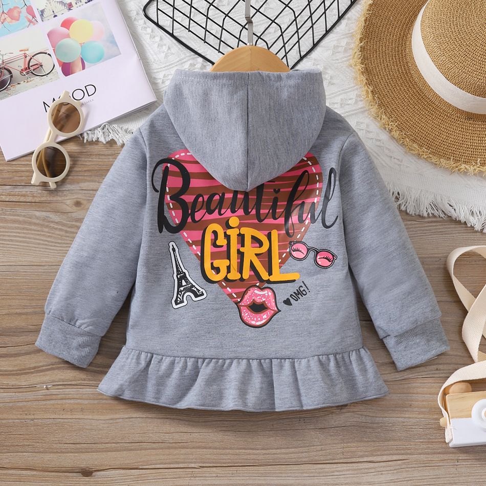 Toddler Girl Letter Heart Print Ruffle Hem Grey Hooded Jacket Grey