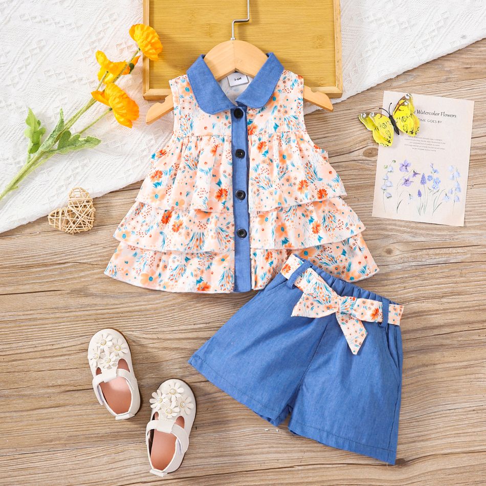 2pcs Baby Girl 100% Cotton Belted Shorts and Contrast Collar Floral Print Layered Ruffle Tank Top Set Orange