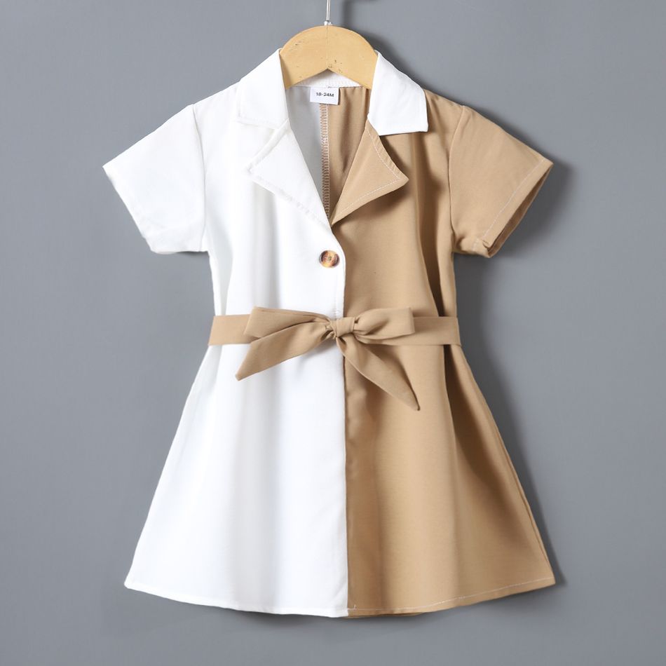 Toddler Girl Colorblock Splice Lapel Collar Button Design Belted Short-sleeve Dress Khaki