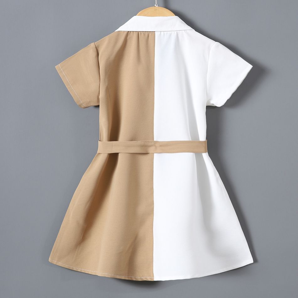 طفلة صغيرة colorblock لصق طية صدر السترة زر تصميم حزام فستان بأكمام قصيرة كاكي big image 2