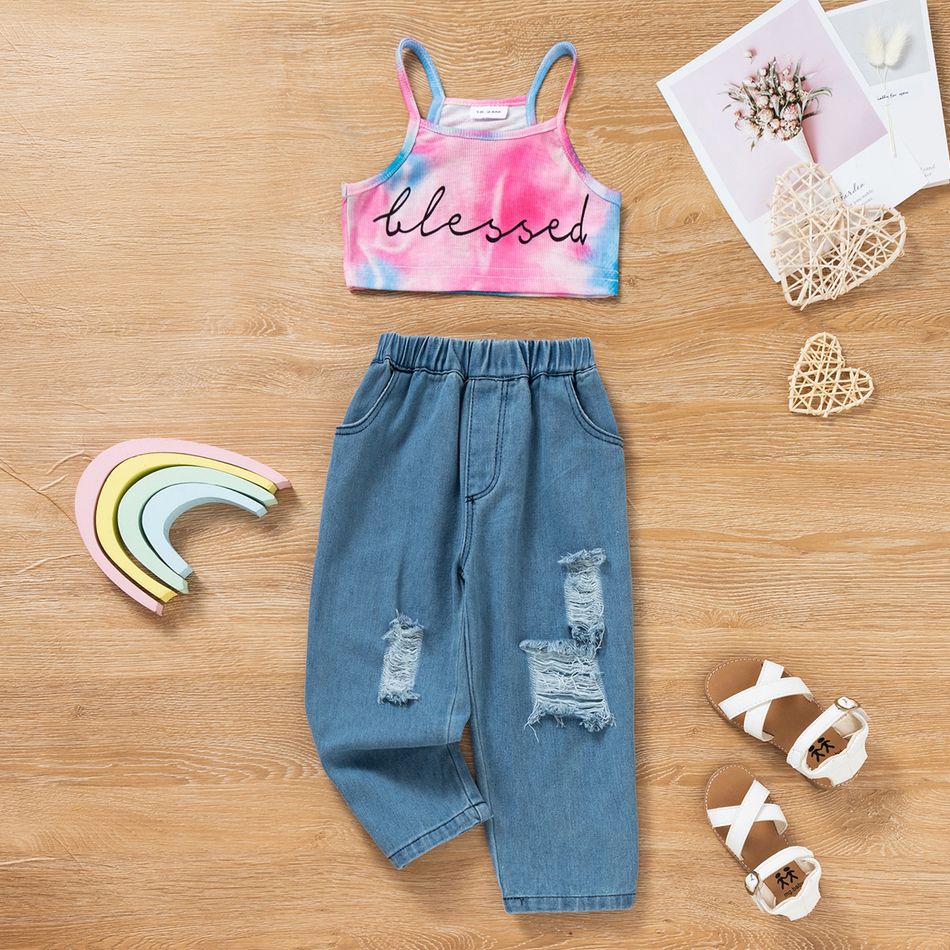 2pcs Toddler Girl Letter Print Tie Dyed Camisole and Straight Ripped Denim Jeans Set Multi-color big image 2