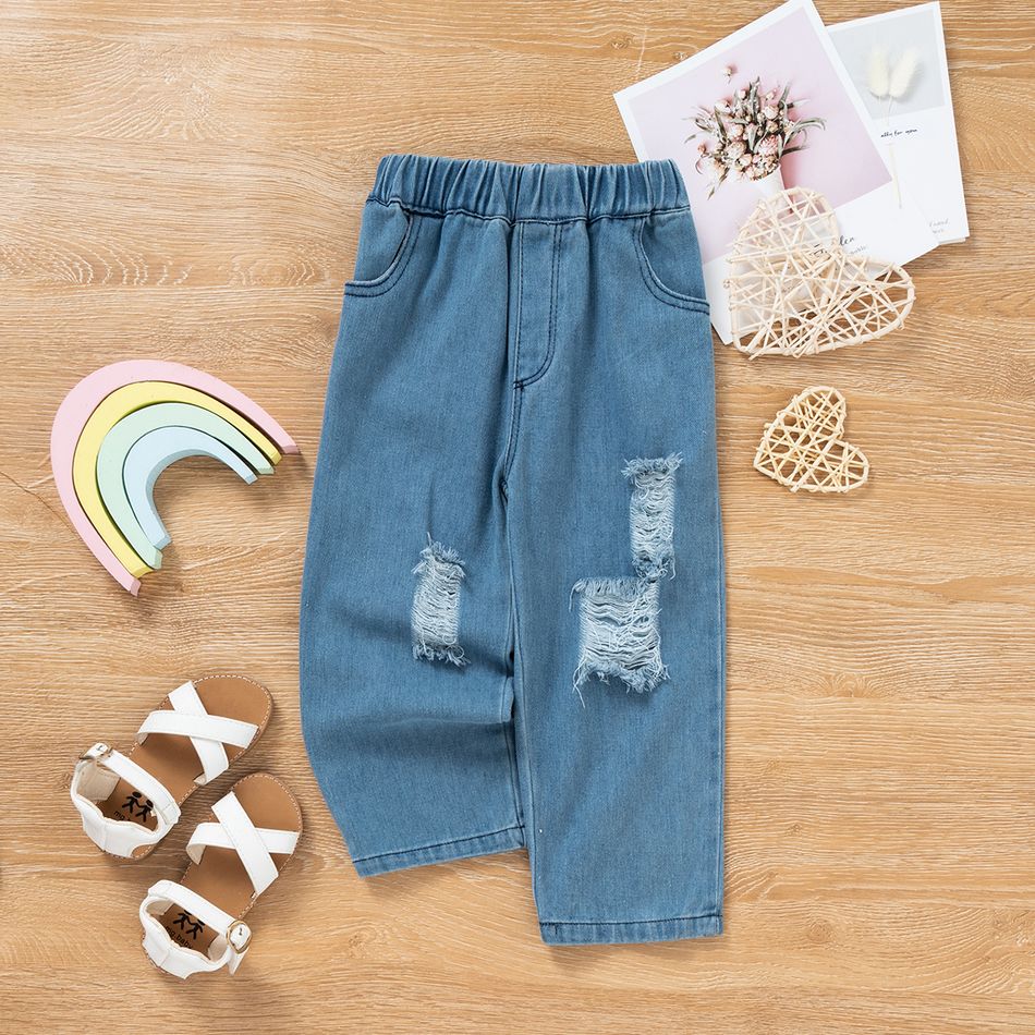 2pcs Toddler Girl Letter Print Tie Dyed Camisole and Straight Ripped Denim Jeans Set Multi-color big image 5