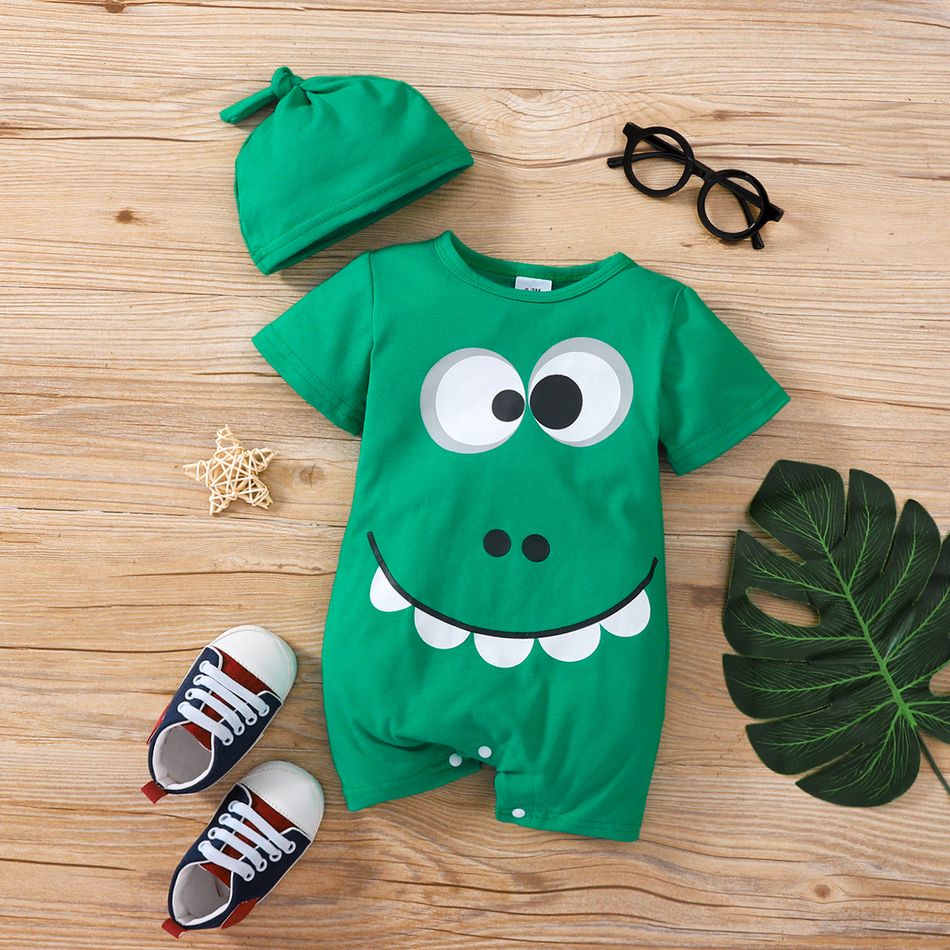 2pcs Baby Boy/Girl Cartoon Dinosaur Print Green Short-sleeve Romper with Hat Set Green