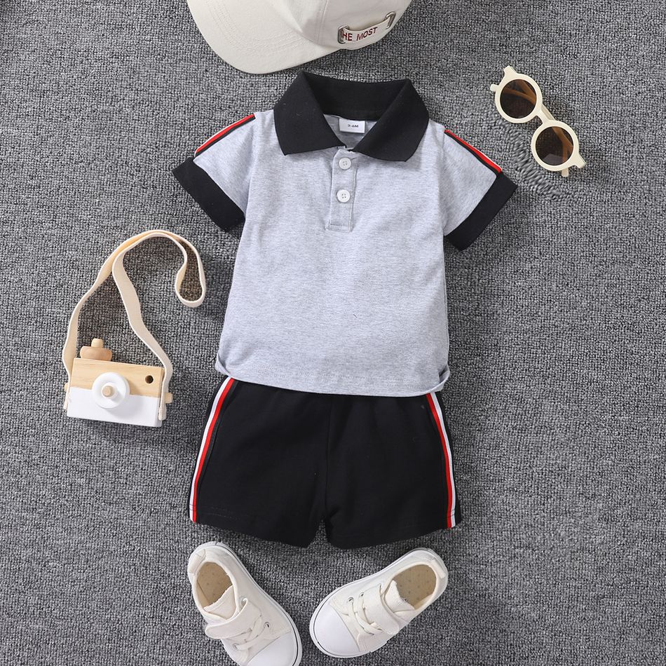 2pcs Baby Boy 95% Cotton Short-sleeve Colorblock Polo Shirt and Shorts Set MiddleAsh big image 1
