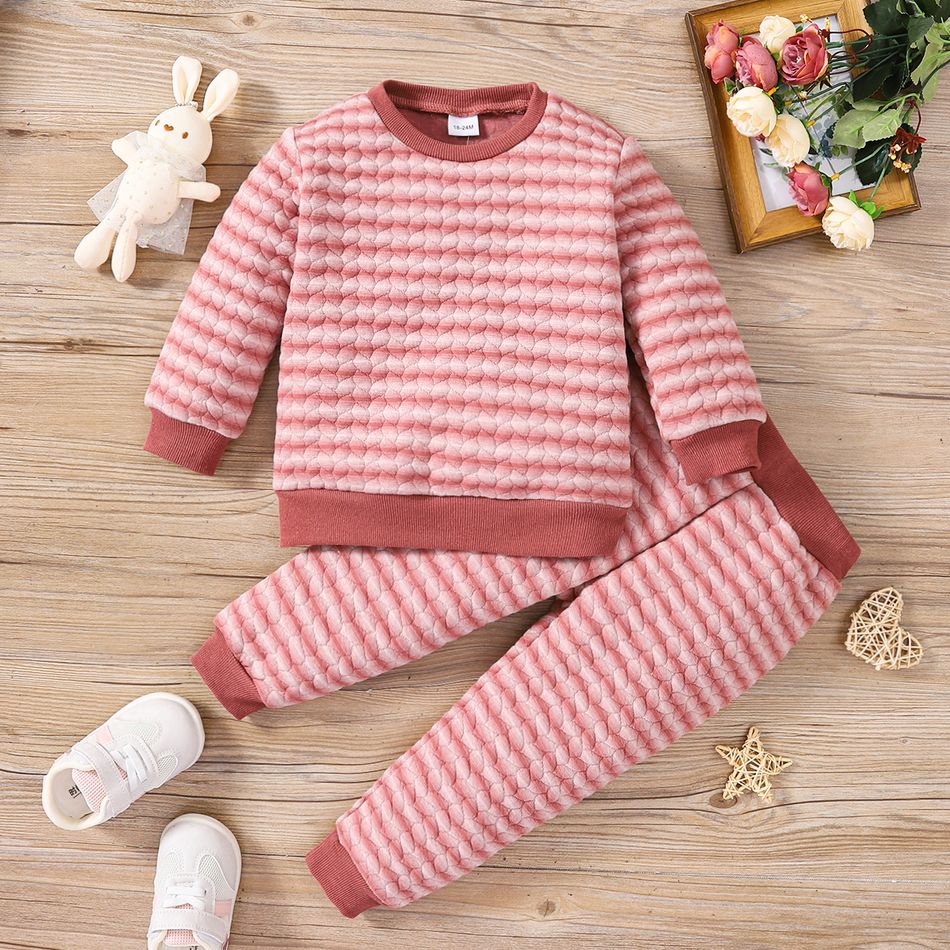 2pcs Toddler Girl Stripe Textured Pullover Sweatshirt and Pants Set Burgundy