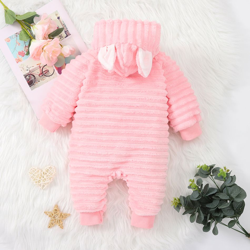 Baby Boy/Girl Solid Button Front 3D Ears Hooded Long-sleeve Thermal Fuzzy Jumpsuit Pink big image 2
