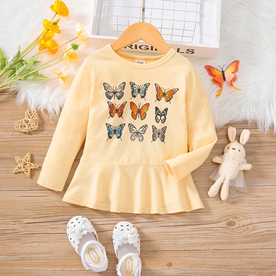 Toddler Girl Butterfly Print Ruffle Hem Short-sleeve Yellow Tee Yellow