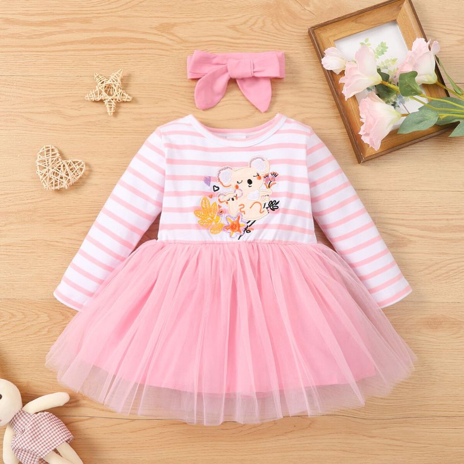 2pcs Baby Girl 95% Cotton Long-sleeve Cartoon Koala Embroidered Embroidered Spliced Mesh Dress with Headband Set Pink big image 1