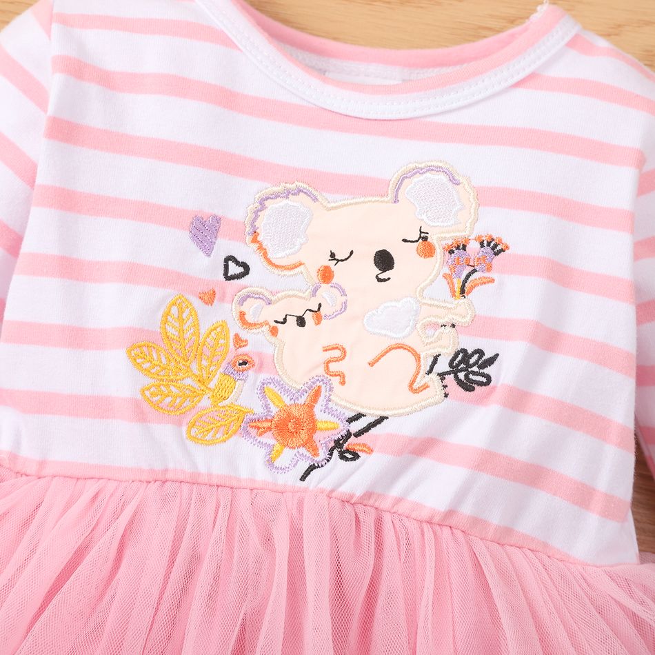 2pcs Baby Girl 95% Cotton Long-sleeve Cartoon Koala Embroidered Embroidered Spliced Mesh Dress with Headband Set Pink big image 3