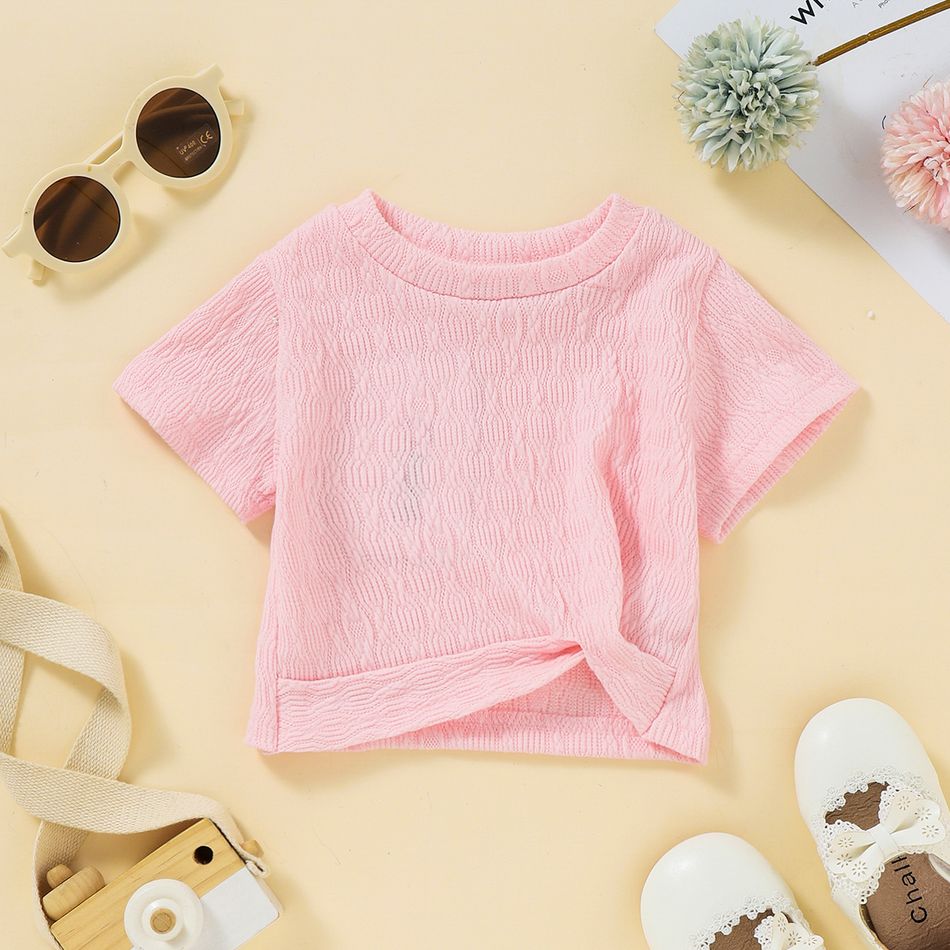 Baby Girl Solid Textured Short-sleeve Twist Knot Top Pink big image 2