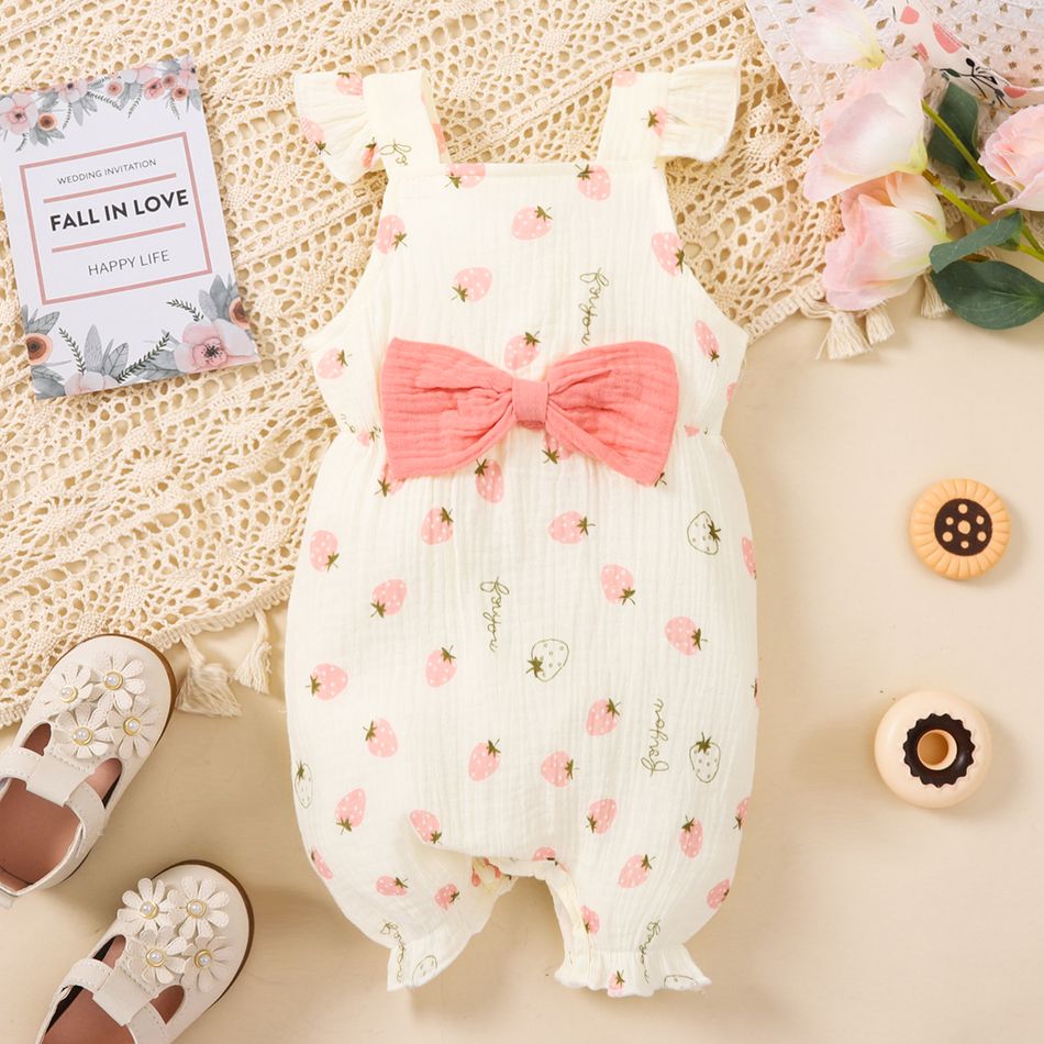 100% Cotton Crepe Baby Girl Strawberry Allover Bow Decor Sleeveless Pink Jumpsuit Pink