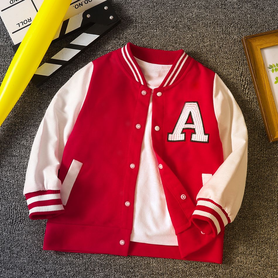 Toddler Boy Trendy Letter Embroidered Button Design Colorblock Bomber Jacket Red big image 1