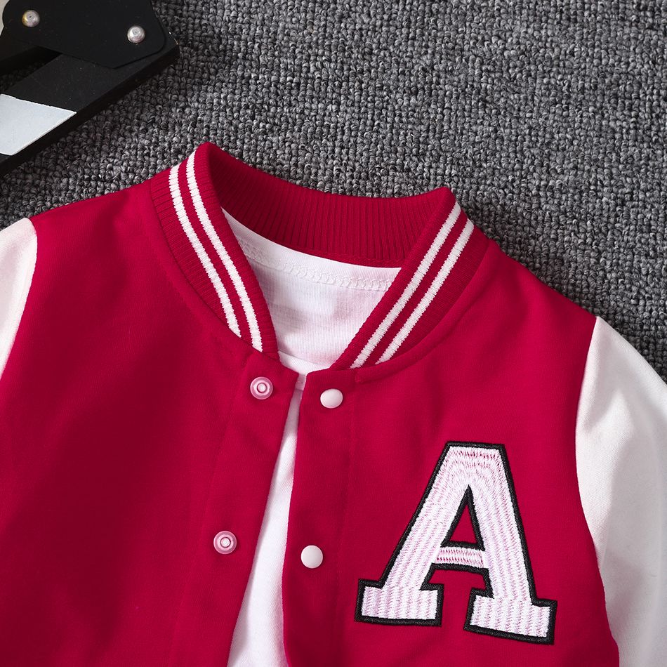 Toddler Boy Trendy Letter Embroidered Button Design Colorblock Bomber Jacket Red big image 3