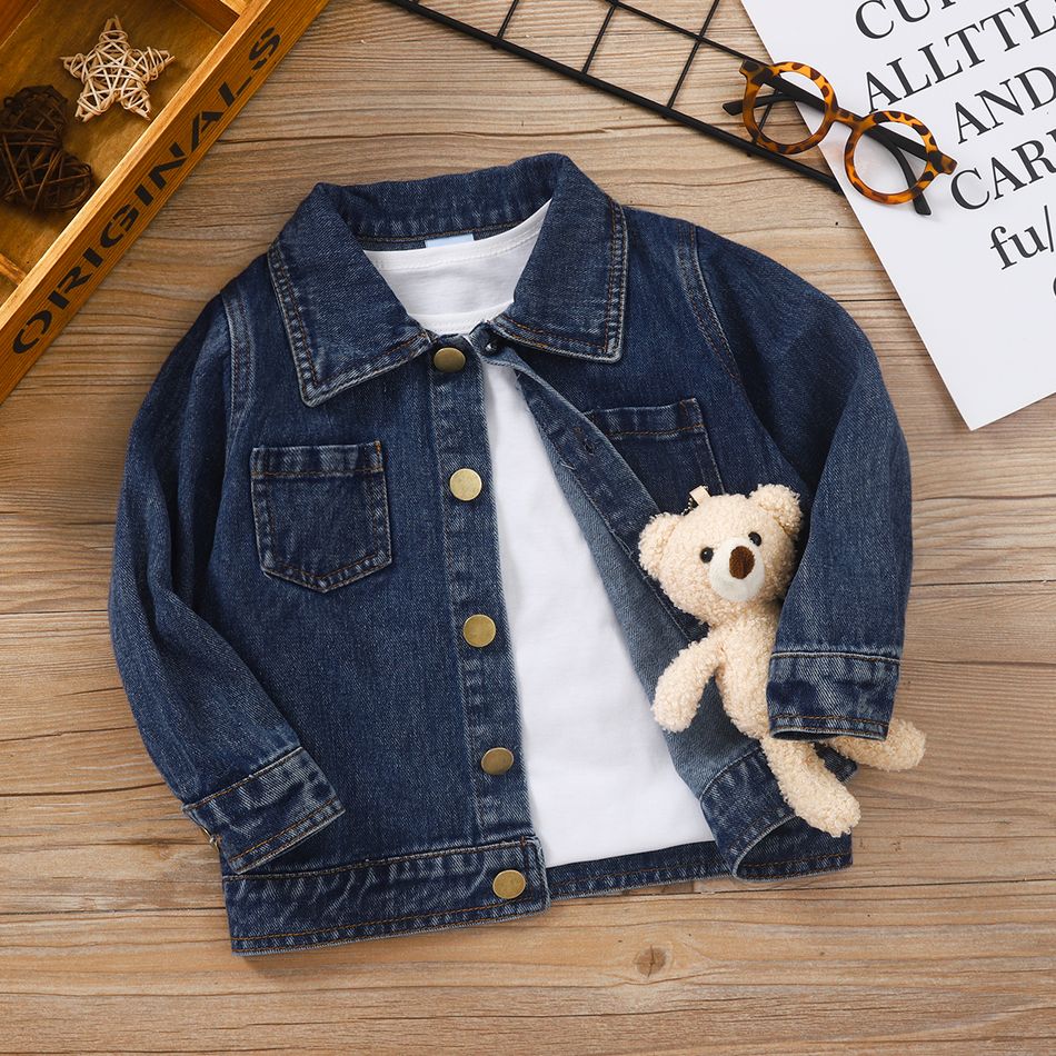 Toddler Boy Playful 100% Cotton Bear Embroidered Denim Jacket Royal Blue big image 2