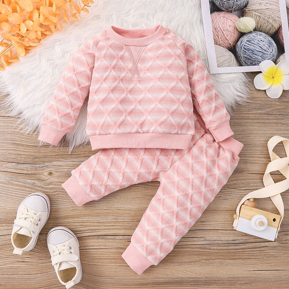 2pcs Baby Boy/Girl Long-sleeve Striped Textured Pullover and Pants Set Pink big image 2