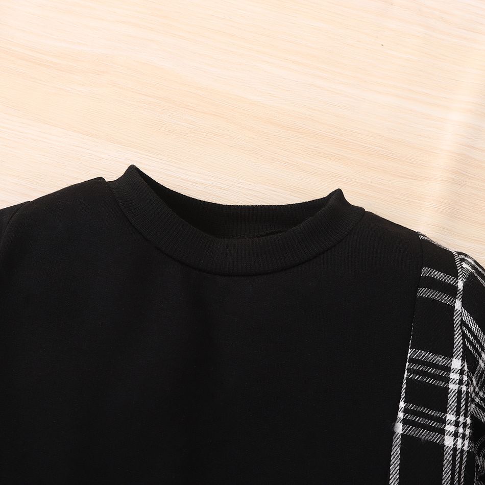 2pcs Toddler Boy Trendy Plaid Splice Pocket Design Black Sweatshirt and Pants Set Black big image 3