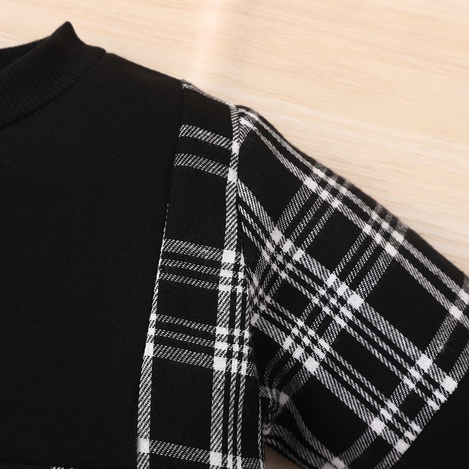 2pcs Toddler Boy Trendy Plaid Splice Pocket Design Black Sweatshirt and Pants Set Black big image 4
