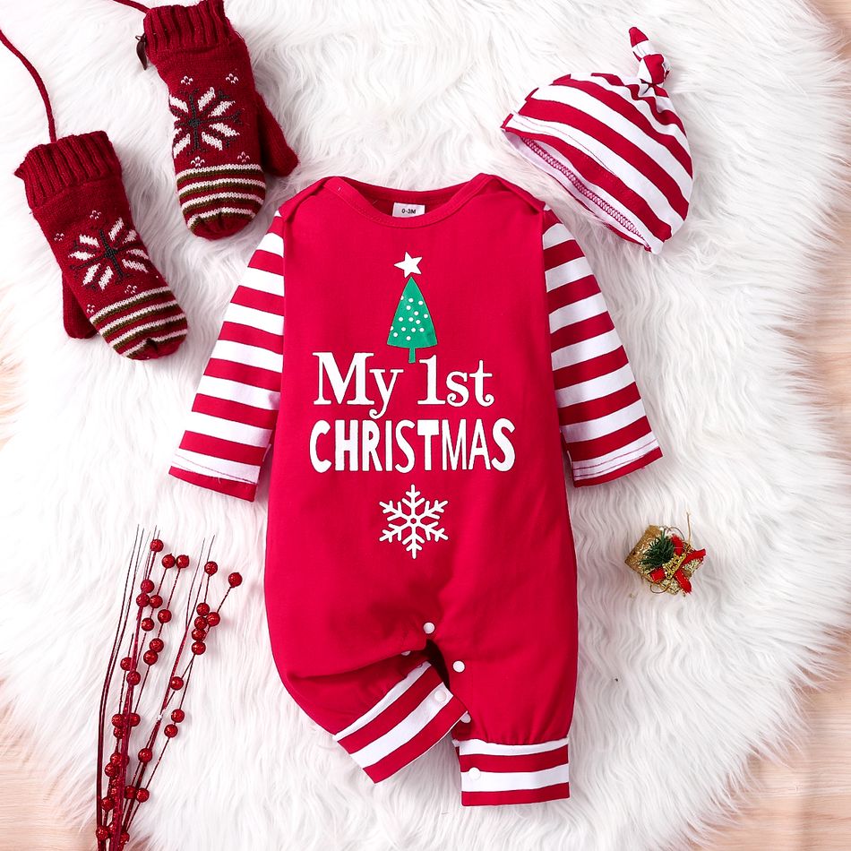 Christmas 2pcs Baby Boy/Girl 95% Cotton Striped Long-sleeve Letter Print Jumpsuit with Hat Set Red big image 1