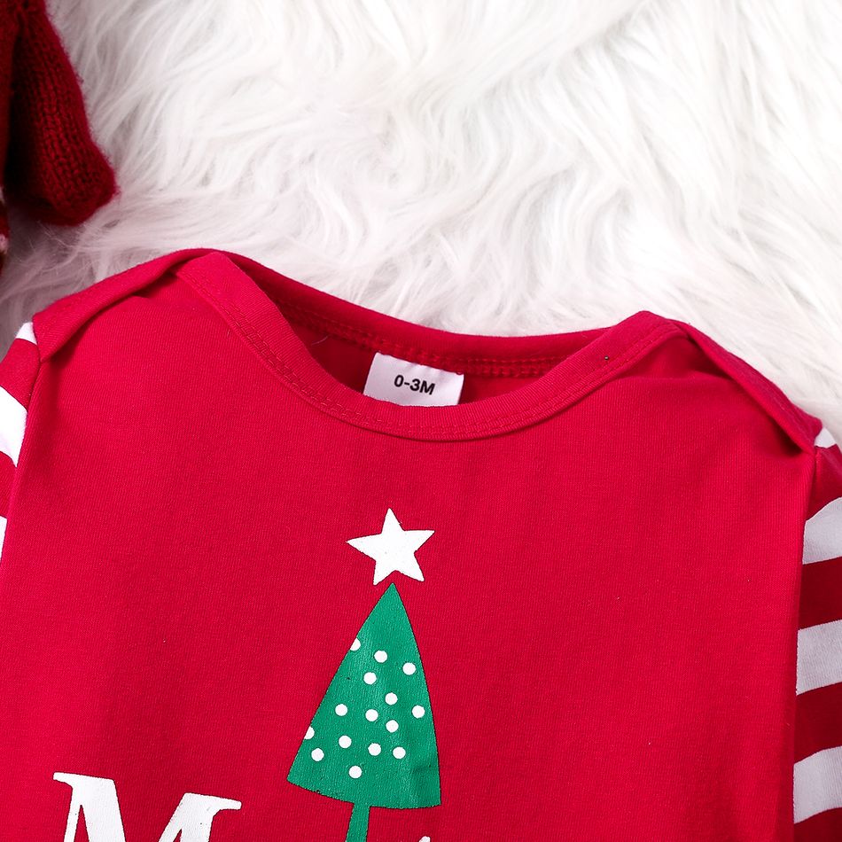 Christmas 2pcs Baby Boy/Girl 95% Cotton Striped Long-sleeve Letter Print Jumpsuit with Hat Set Red big image 3