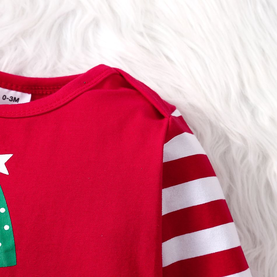 Christmas 2pcs Baby Boy/Girl 95% Cotton Striped Long-sleeve Letter Print Jumpsuit with Hat Set Red big image 4