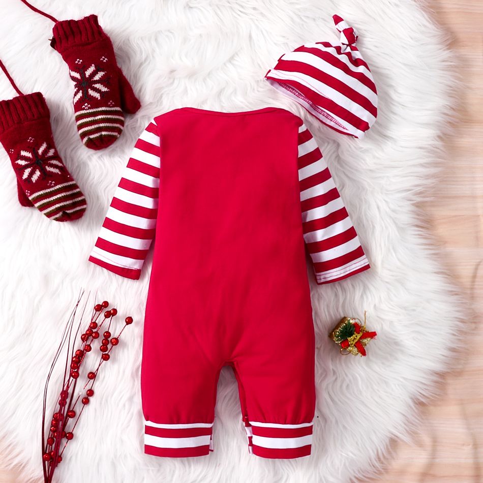 Christmas 2pcs Baby Boy/Girl 95% Cotton Striped Long-sleeve Letter Print Jumpsuit with Hat Set Red big image 2