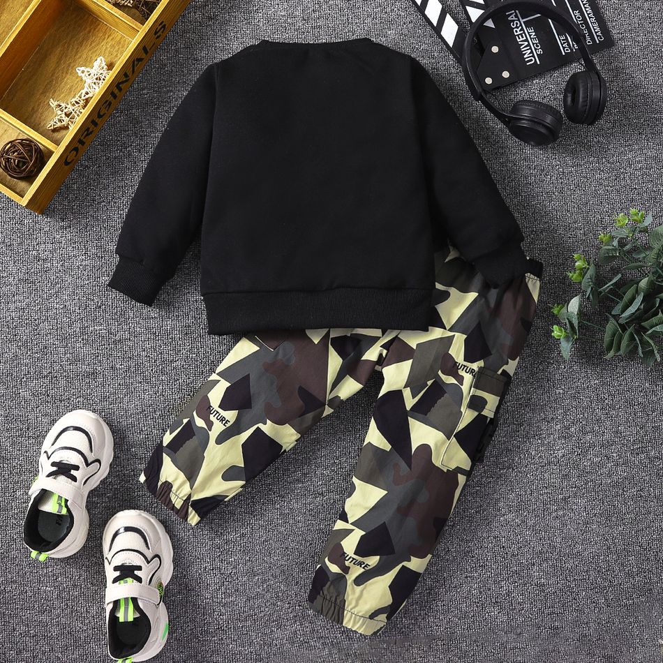 2pcs Toddler Boy Trendy Letter Print Sweatshirt and Camouflage Print Pocket Design Pants Set Black big image 2