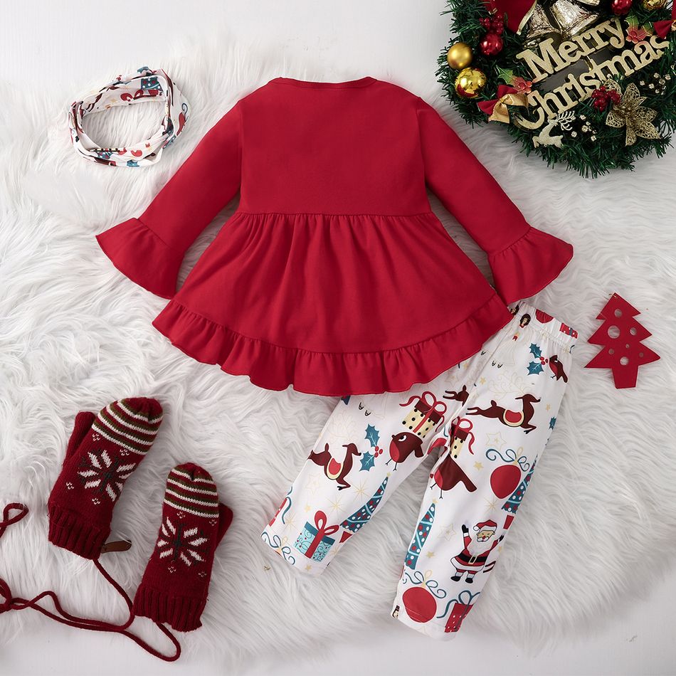 Christmas 3pcs Baby Girl 95% Cotton Long-sleeve Ruffle Hem Top and Allover Print Leggings Pants with Headband Set Rosybrown big image 2